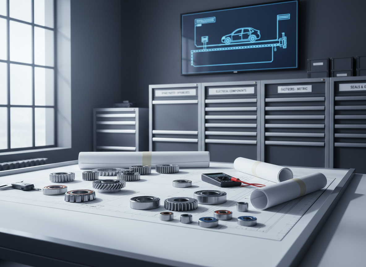 A meticulously organized industrial engineering workspace photographed in crisp, realistic detail, featuring a clean white drafting table covered with rolled technical blueprints, a precision caliper, a digital multimeter, and neatly arranged gear assemblies and bearings in brushed steel. In the background, sleek gray storage cabinets are labeled with industrial spare parts references and an illuminated wall-mounted monitor displays a subtle schematic of an automotive production line. Cool, diffused daylight from a high industrial window creates soft reflections on metal surfaces and gentle, professional shadows. Captured at eye level with a slight three-quarter angle, the composition follows the rule of thirds and maintains sharp focus throughout. The mood is confident, methodical, and highly professional, with a clean, modern photographic realism that reinforces engineering expertise and reliability.